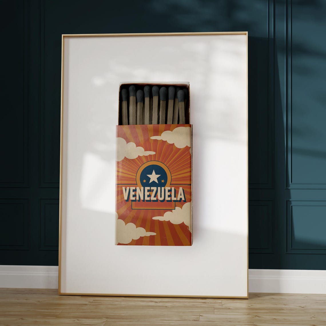 Venezuela Sunburst Star Matchbox Style Art with Retro Clouds Poster - Image 5