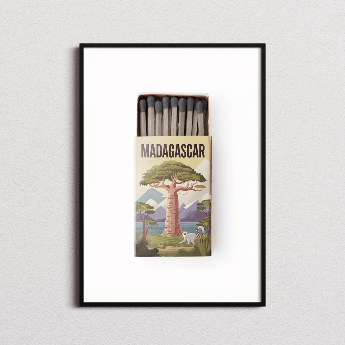 Madagascar Matchbox Island Baobab Lemur Vintage Travel Art Poster