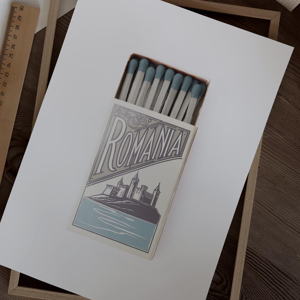 Romania Vintage Matchbox Style Art with Castle by the Water Poster - Image 2