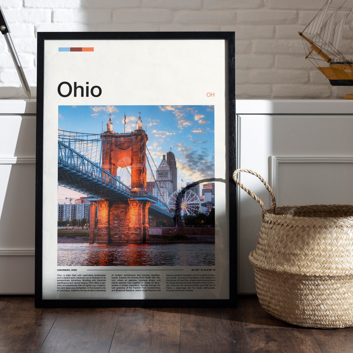 Ohio Cincinnati Roebling Bridge Sunset Skyline River Art Poster - Image 5