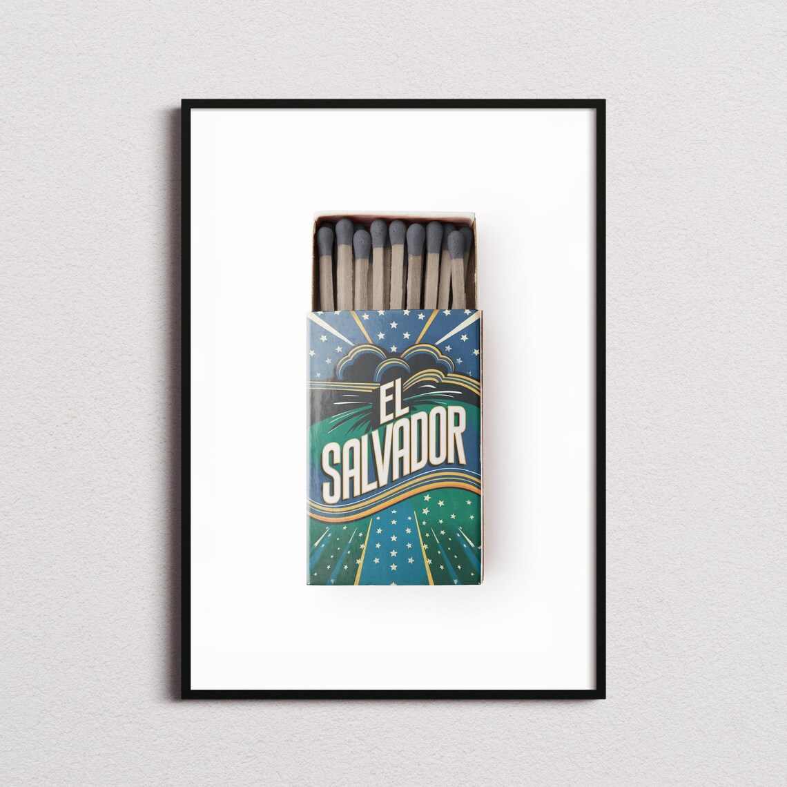 El Salvador Matchbox Starry Night Waves Vintage Travel Art Poster