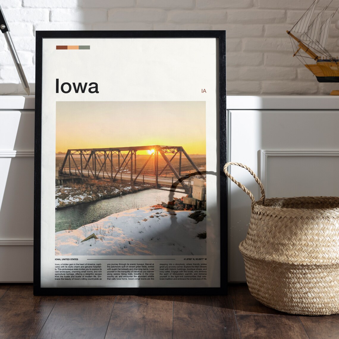 Iowa Rustic Steel Truss Bridge Sunset Snowy River Landscape Poster - Image 5