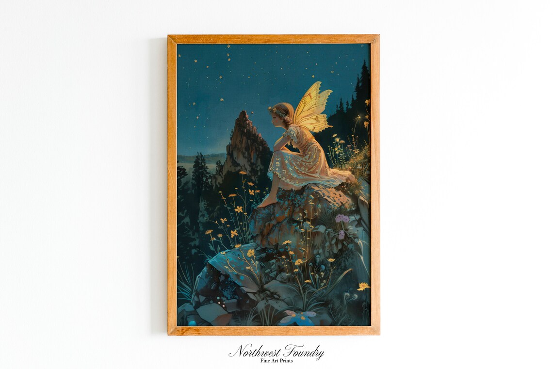 Night Fairy Gazing at Stars on Rock Vintage Teal Postcard Poster