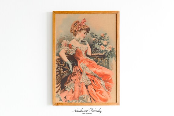 Victorian Woman in Coral Pink Dress Vintage Advertisement Poster