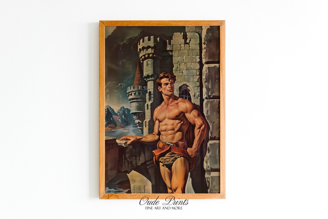 Shirtless Muscular Hero by Medieval Castle Vintage Pulp Art Poster