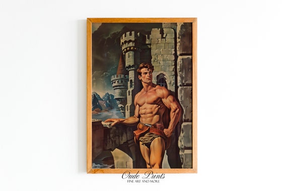 Shirtless Male Fantasy Model In Castle Muscular Gay Hero Illustration Vintage Lgbt Magazine Wall Art