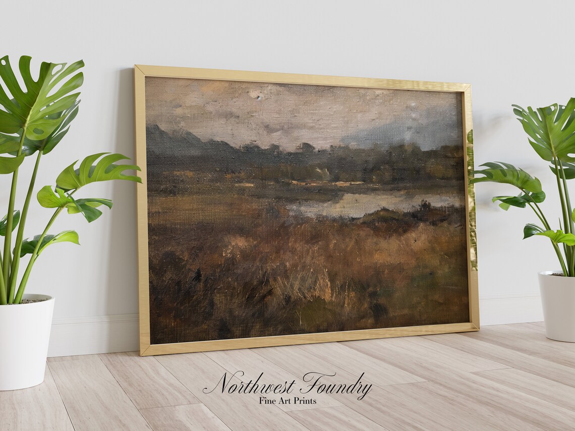 Moody Earthy Meadow Lake Landscape Dark Antique Oil Painting Poster - Image 3