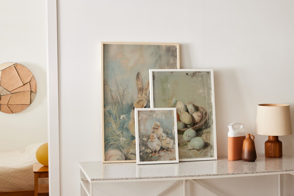Vintage Muted Easter Paintings, Bunny Chicks Eggs - Image 2