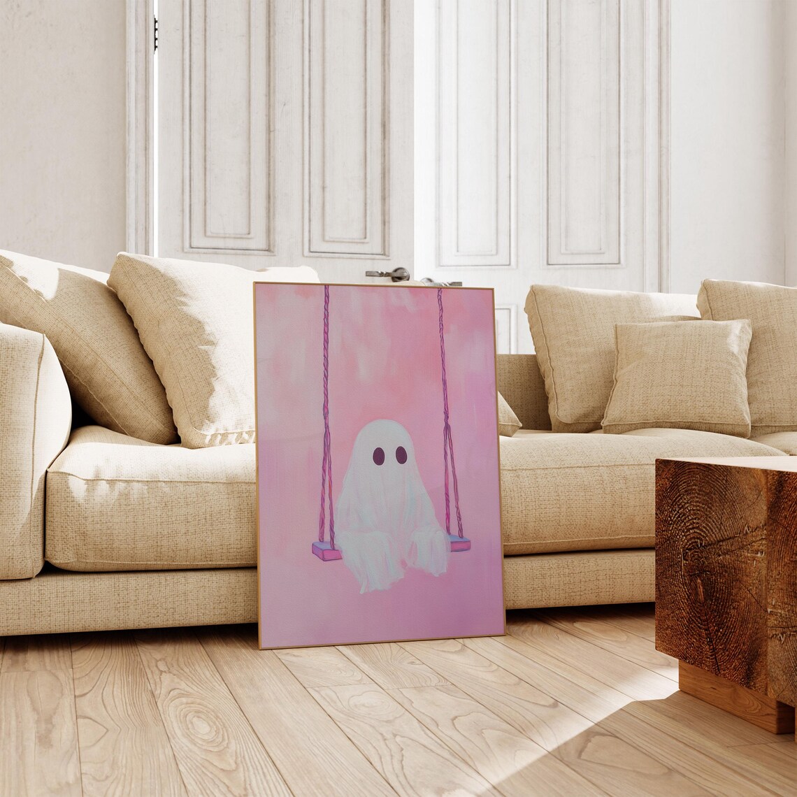 Cute Ghost Sitting on a Pink Swing Against a Pink Sky Painting Poster - Image 2