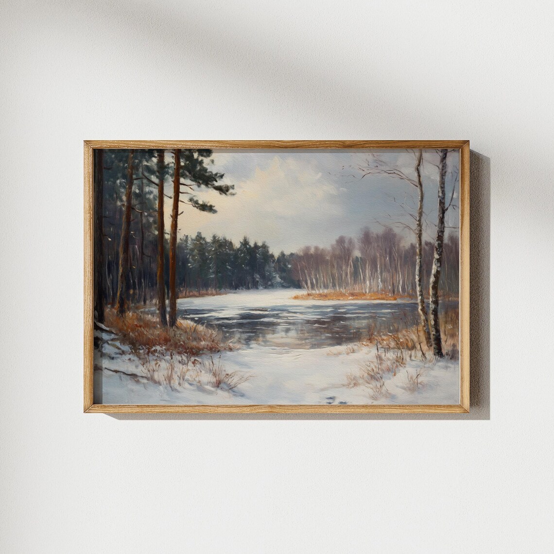 Vintage Frozen Lake Landscape Art Print, Winter Forest - Image 4