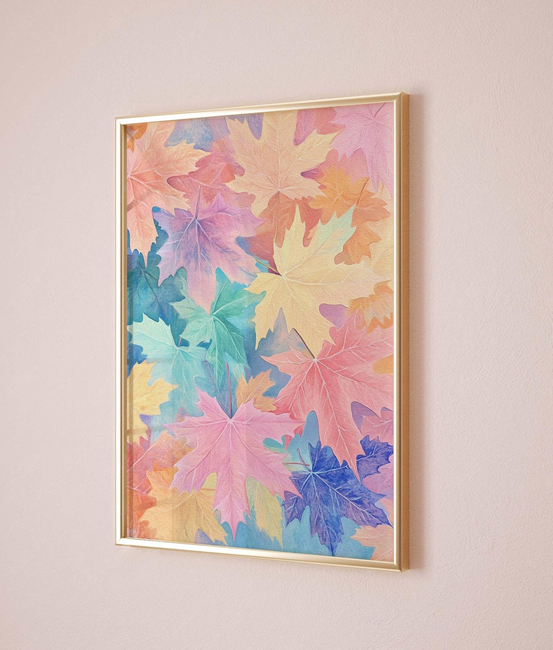Pastel Autumn Maple Leaves in Pink Blue and Gold Pattern Poster - Image 4