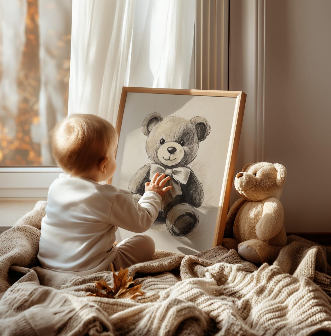 Nursery Teddy Bear With Bow Beige Sketch Kids Room Cuddly Toy Poster - Image 2
