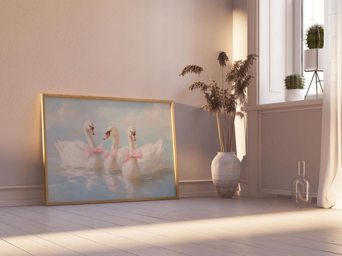 Three White Swans Wearing Pink Bows on Calm Water Painting Poster - Image 4