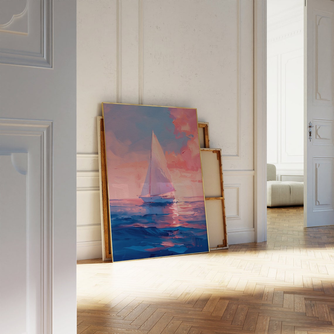 Pink Sunset Sailboat Oil Painting Coastal Beach House Decor Poster - Image 3