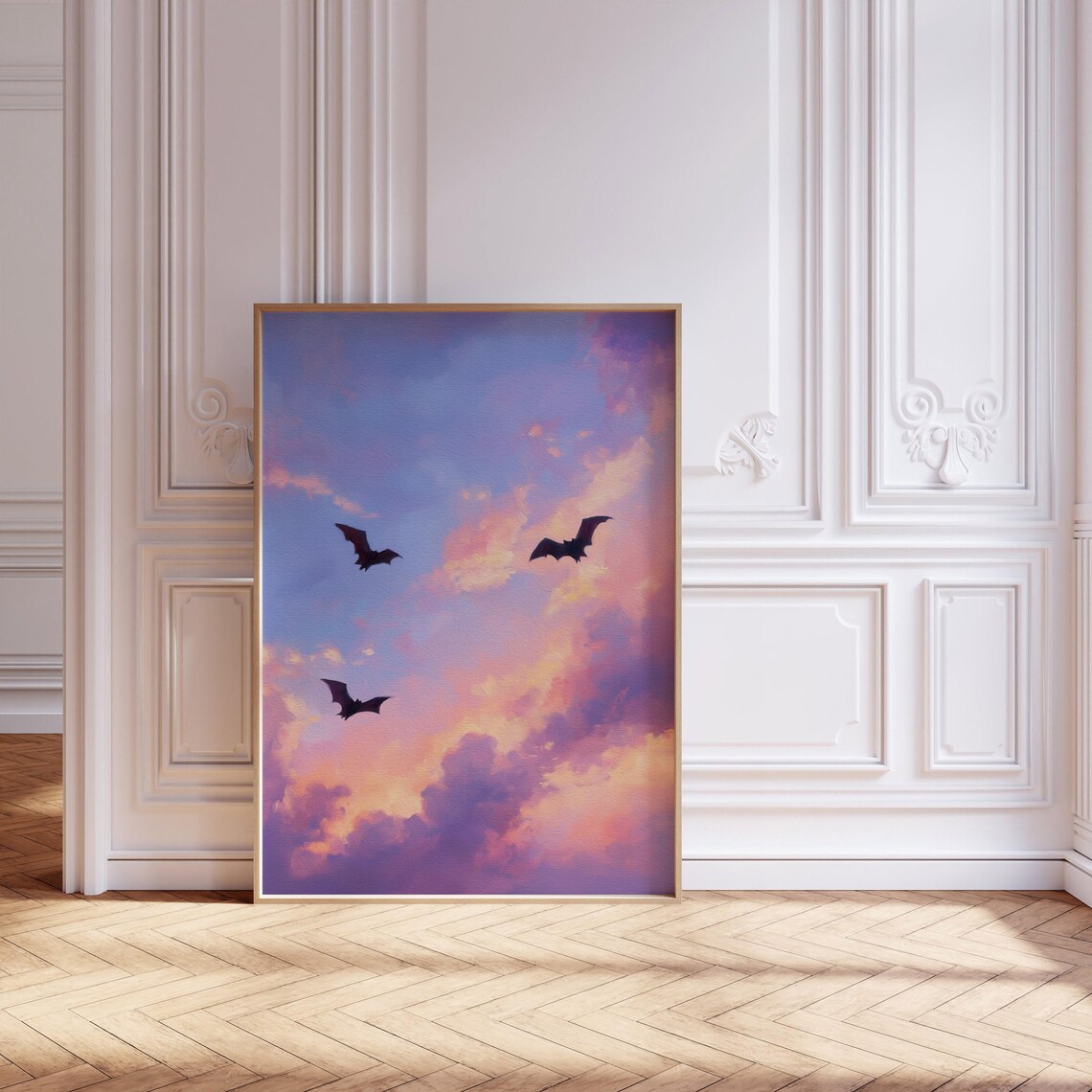 Bats Flying in a Pastel Sky, Pink Halloween Art Print - Image 3