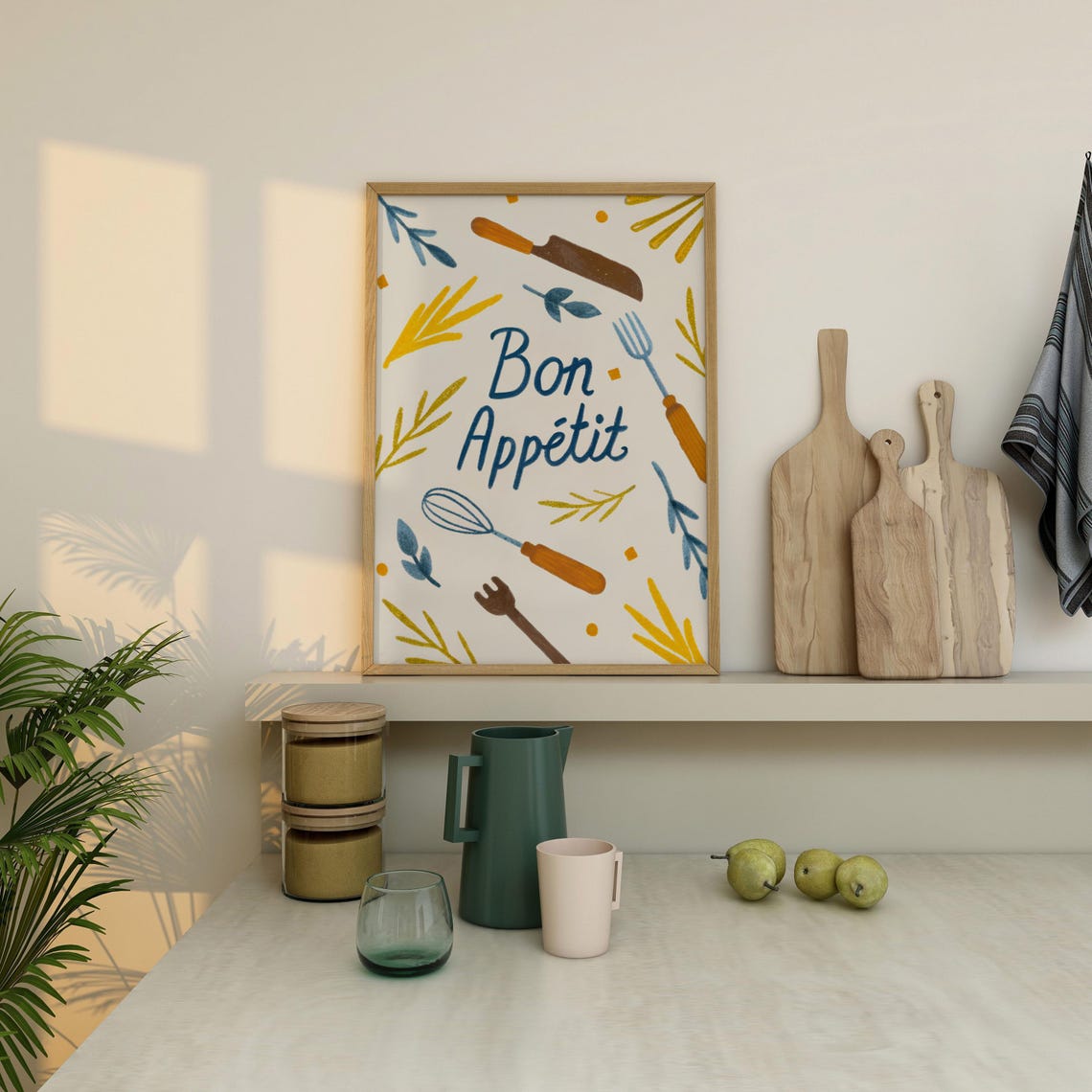 Bon Appetit Hand Drawn Kitchen Utensils Mustard Blue Wall Poster - Image 3