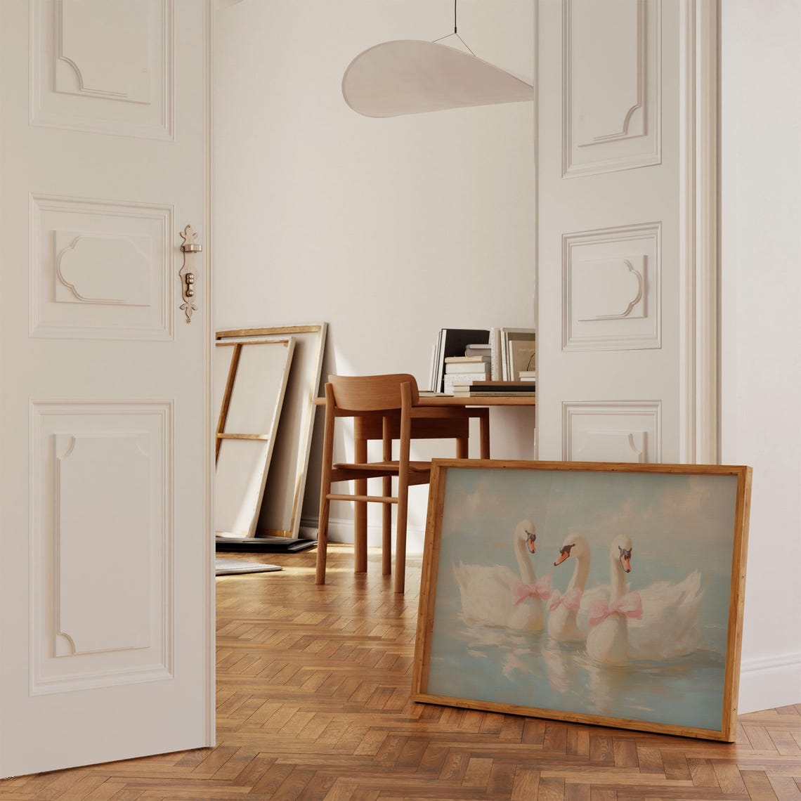 Three White Swans Wearing Pink Bows on Calm Water Painting Poster - Image 3