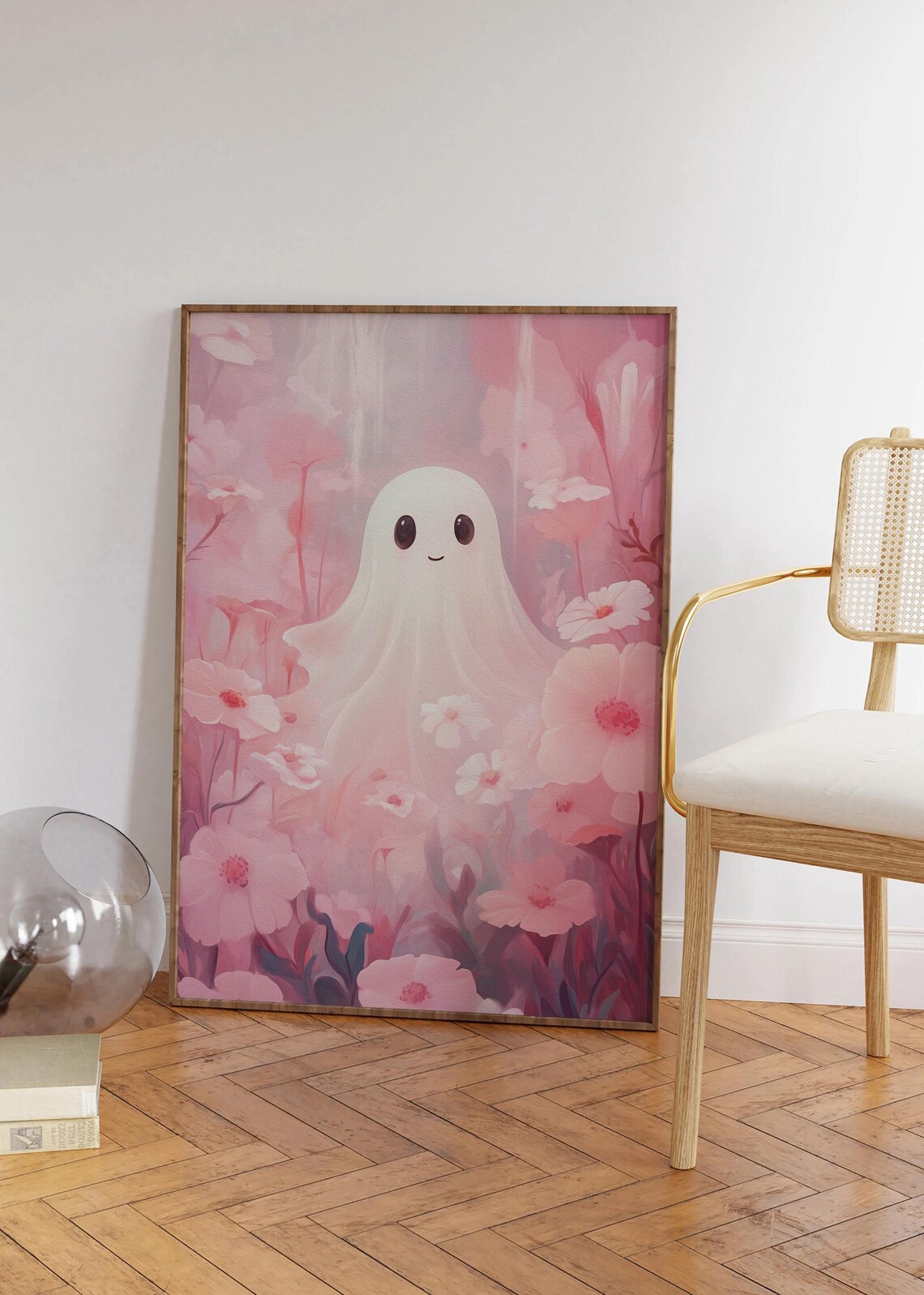 Cute Ghost Among Pink Flowers, Floral Ghost Print - Image 3