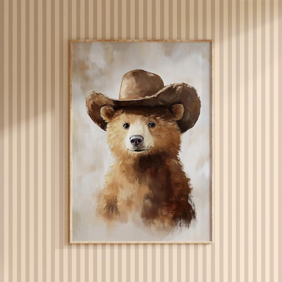 Cute Bear Cub Cowboy Hat Watercolor Nursery Western Kids Room Poster