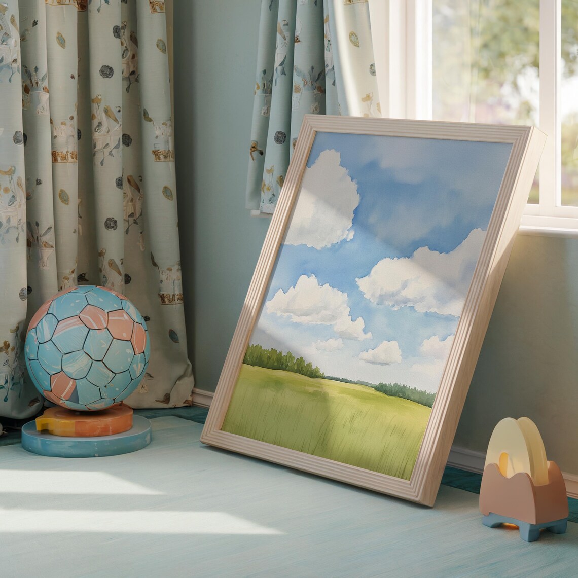 Watercolor Nursery Landscape Blue Sky Meadow Kids Room Wall Poster - Image 5