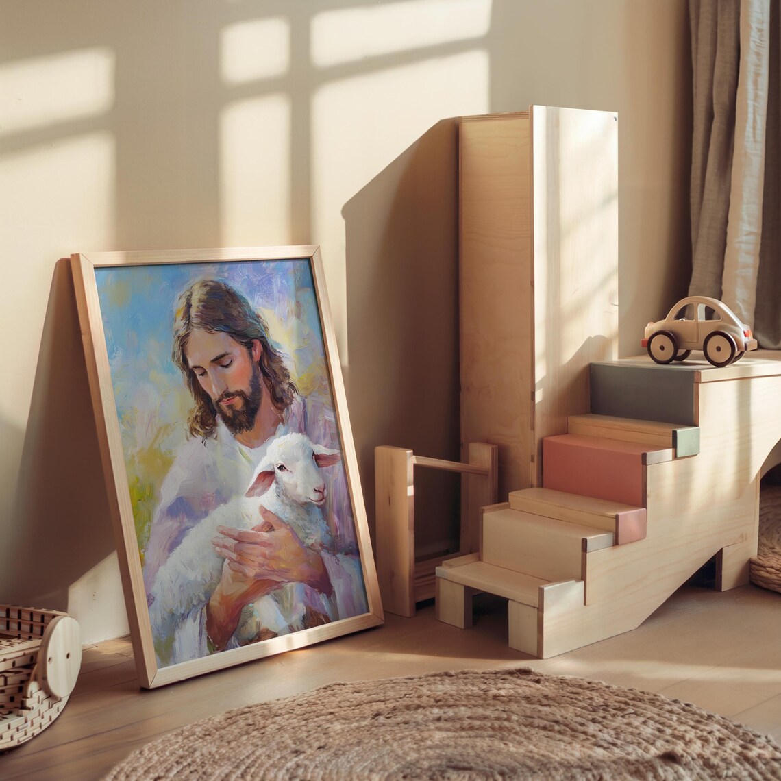 Colorful Jesus Holding Lamb Kids Nursery Christian Faith Art Poster - Image 4
