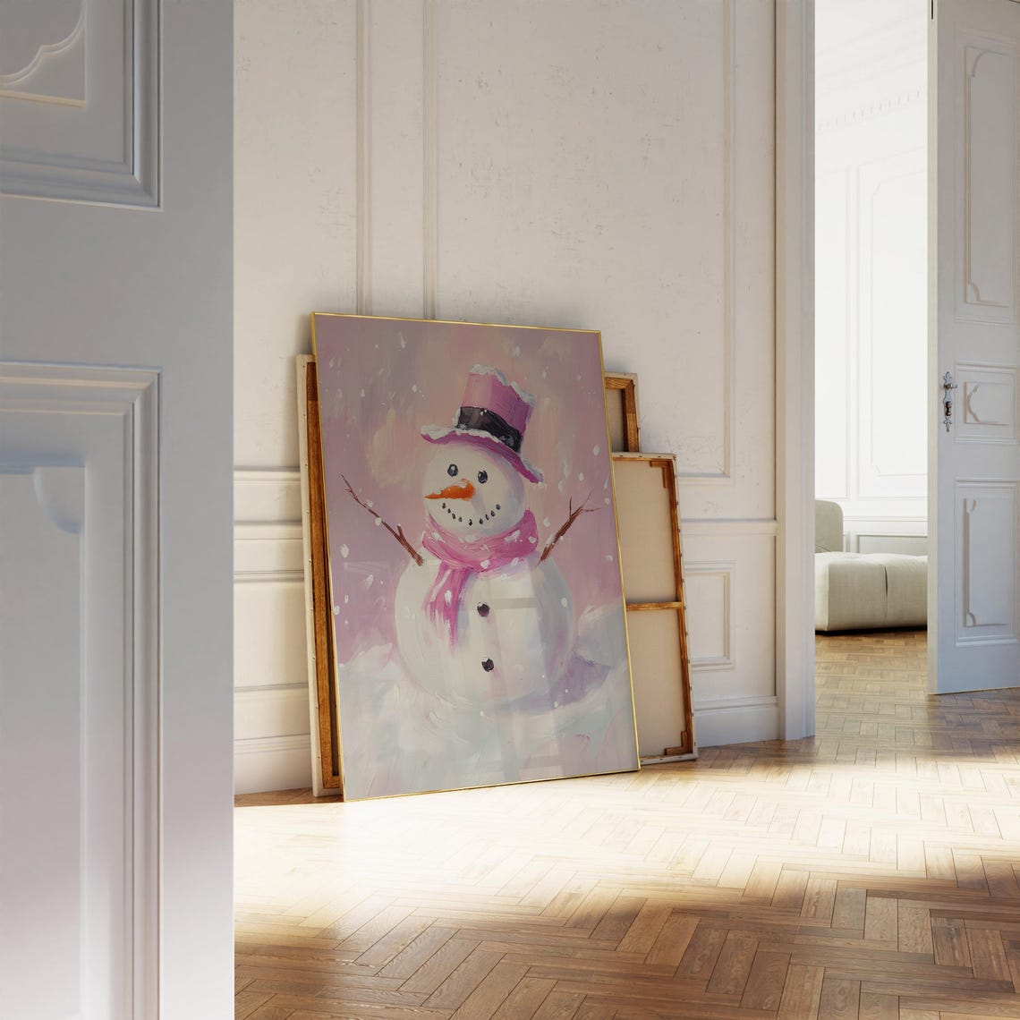 Pink Christmas Snowman Painting Cute Winter Wonderland Holiday Poster - Image 3