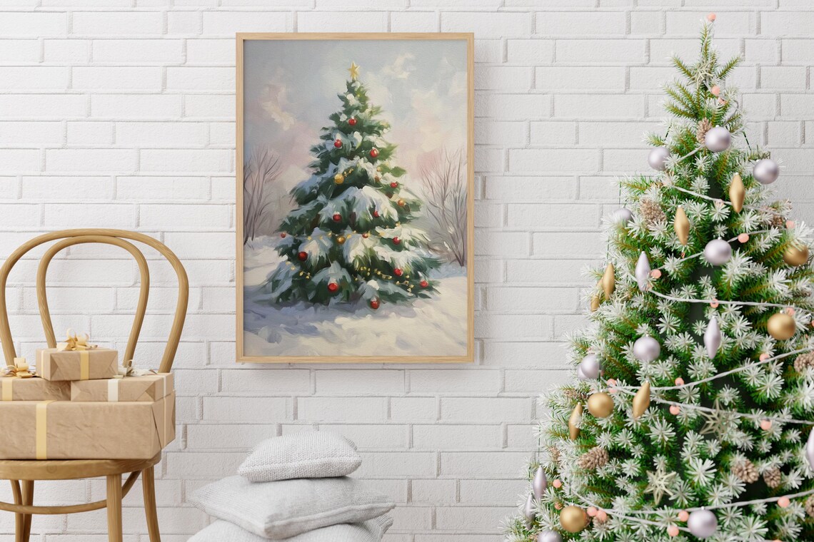 Vintage Snowy Christmas Tree in a Winter Landscape Painting Poster