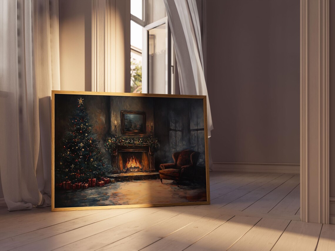 Vintage Moody Christmas Fireplace Painting Cozy Winter Night Poster - Image 5