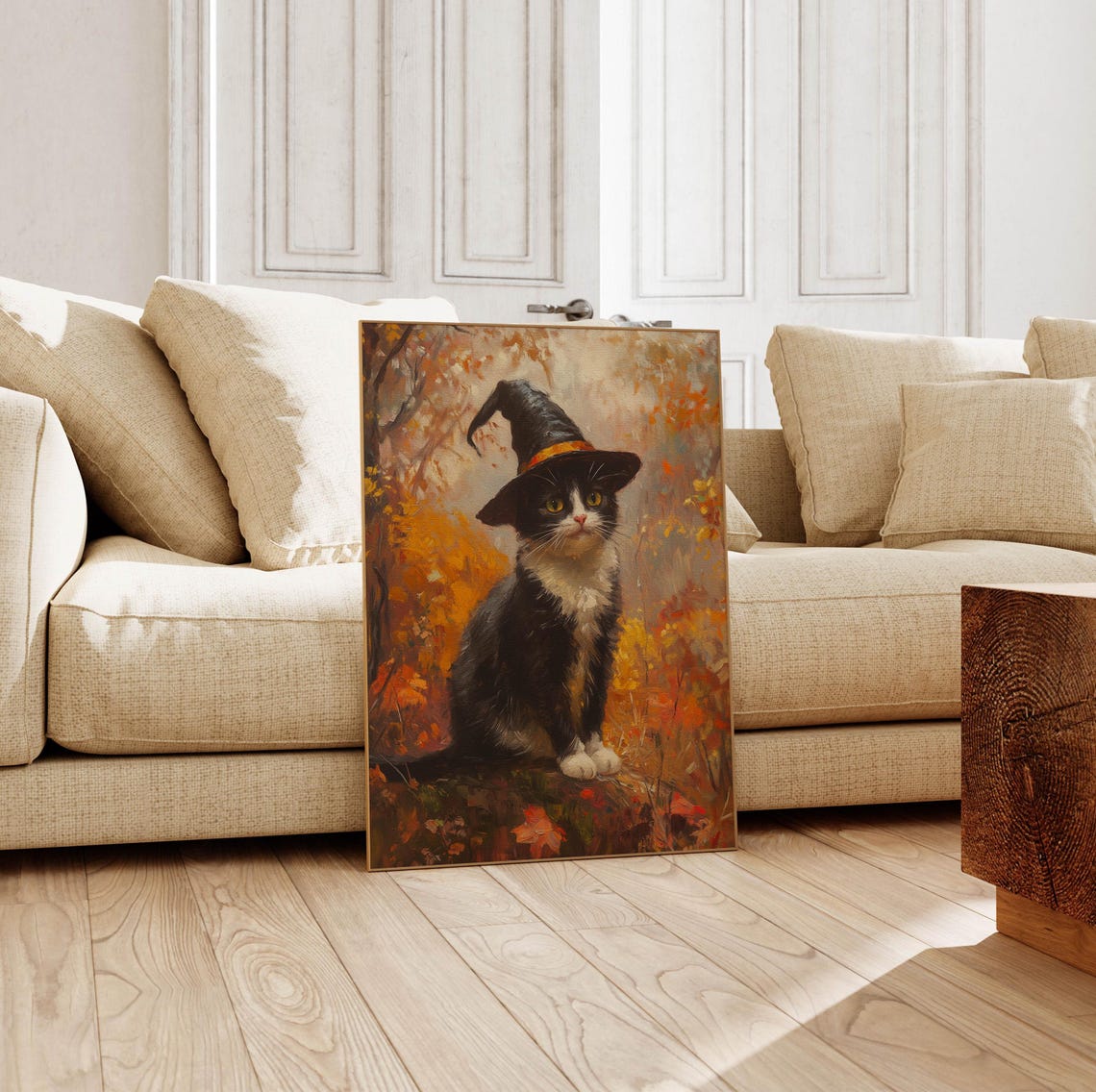 Tuxedo Cat in a Witch Hat Among Autumn Leaves Painting Poster - Image 5