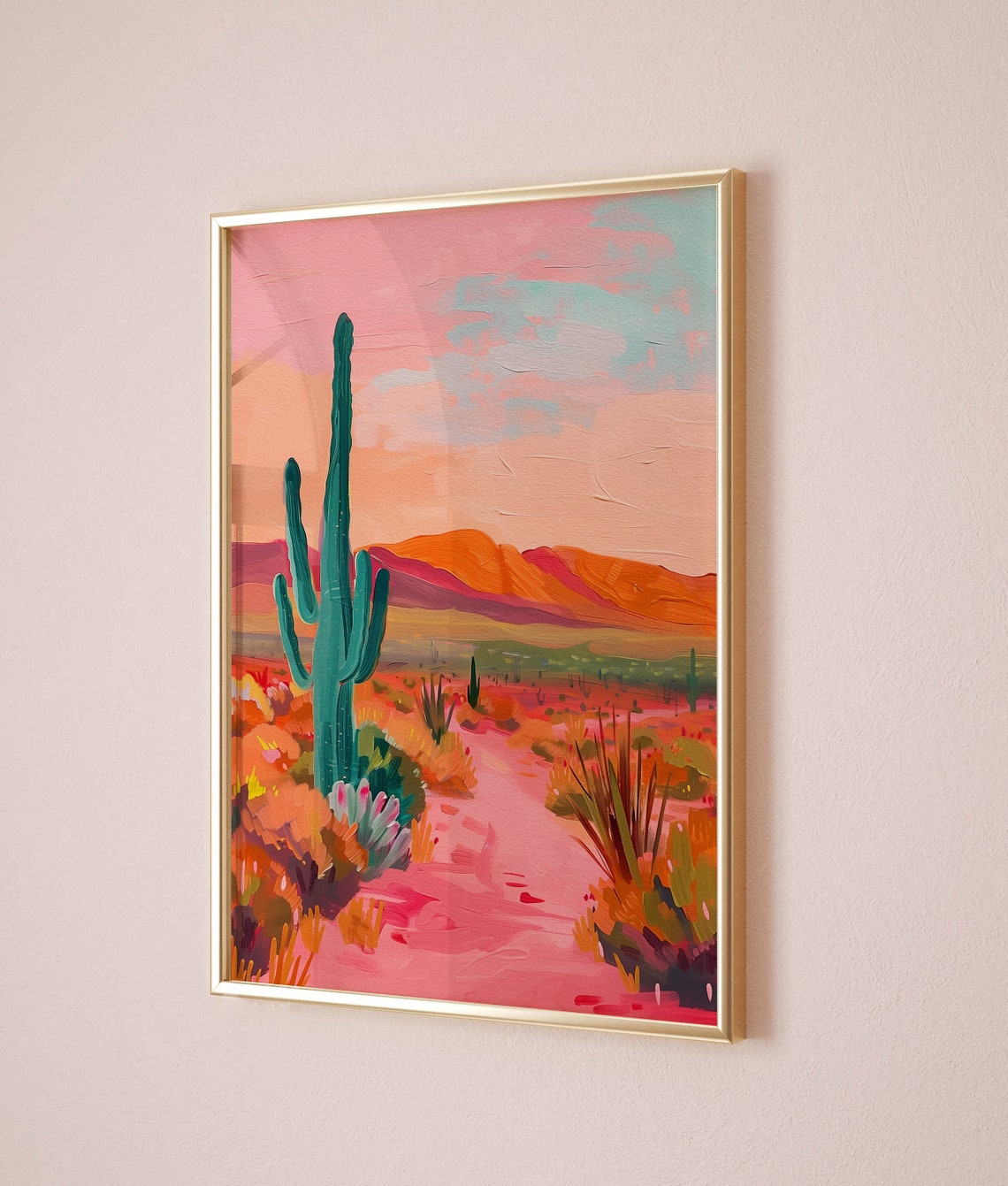 Vibrant Desert Trail with Saguaro Cactus at Pink Sunset Poster - Image 5