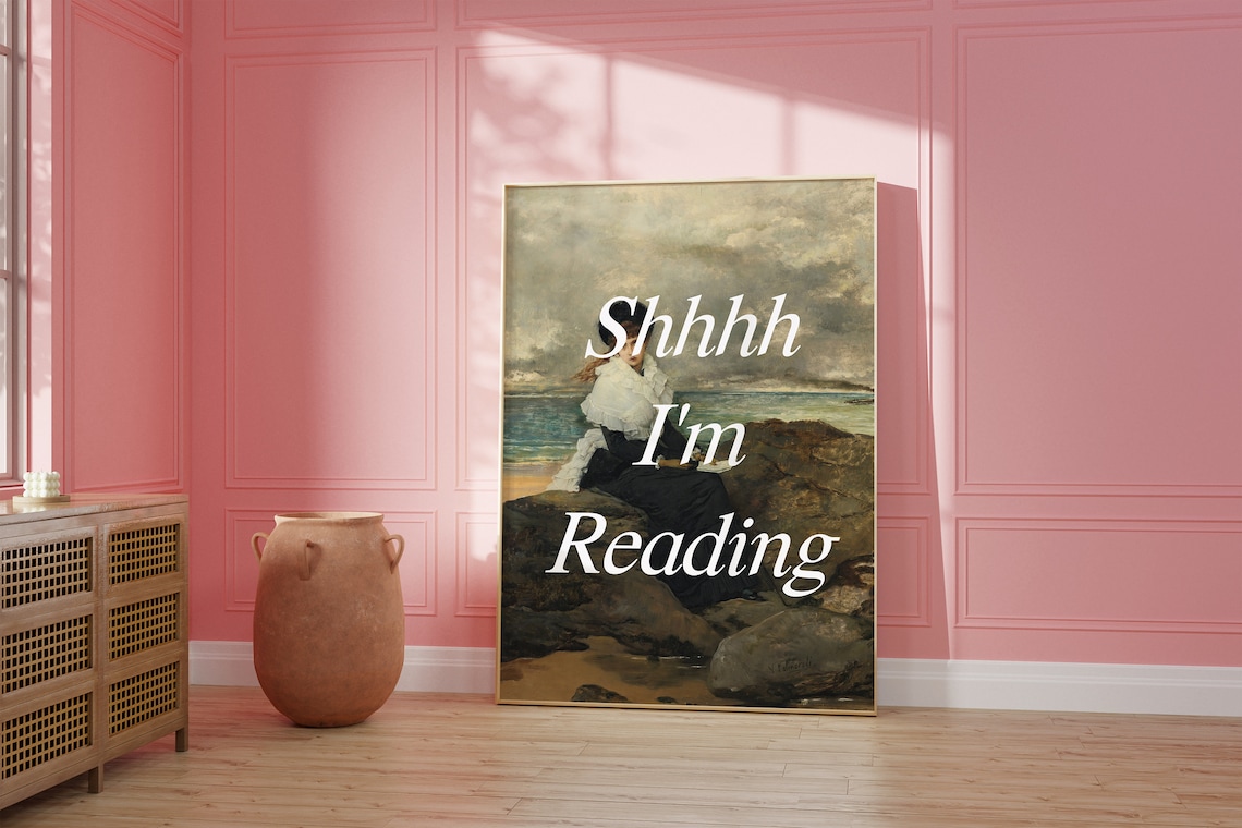 Shhhh I Am Reading Altered Vintage Painting Book Lover Quote Poster - Image 5