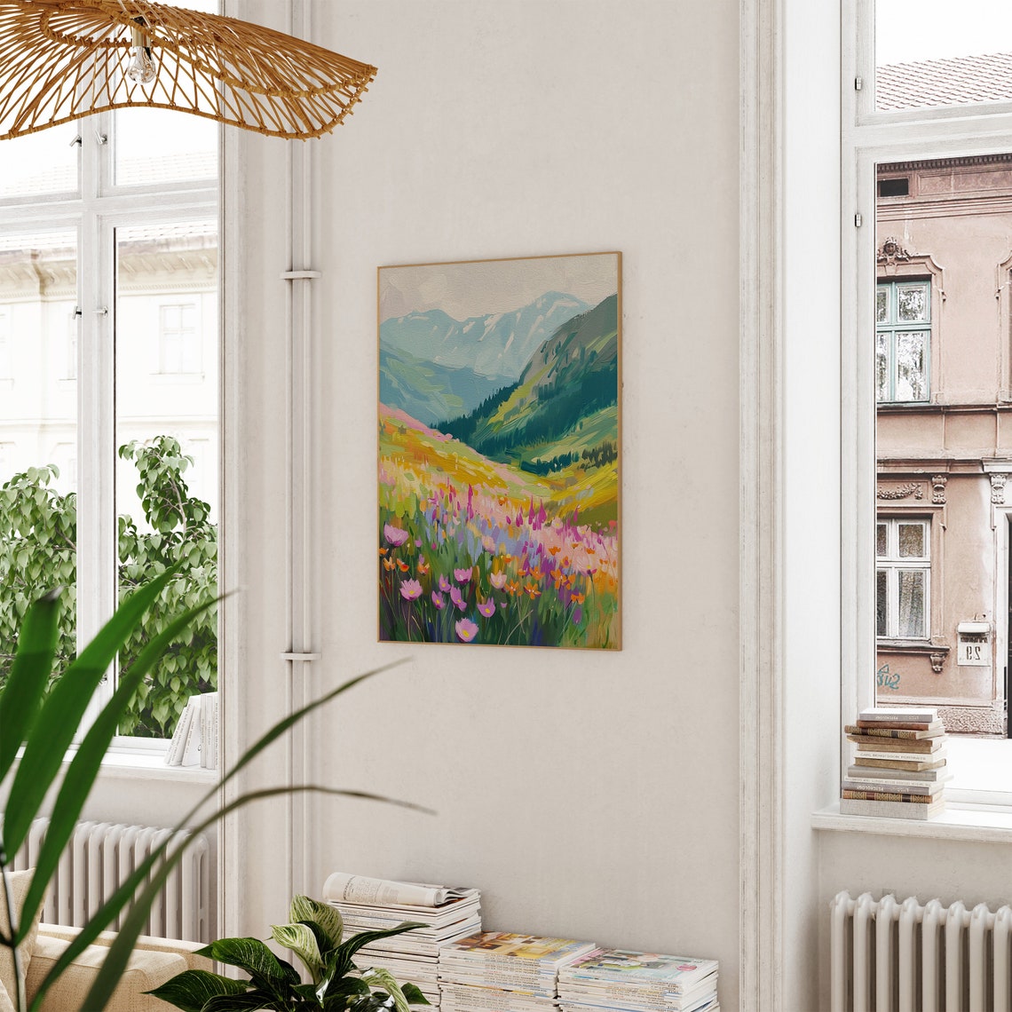 Colorful Wildflower Meadow Mountain Landscape Oil Painting Poster - Image 3