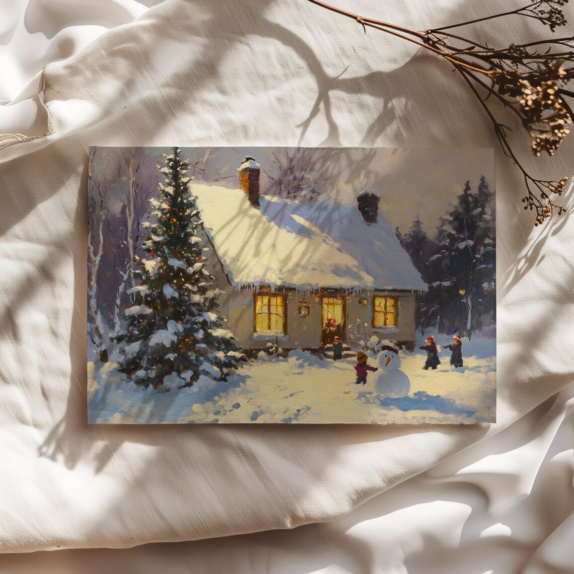 Snowy Cottage at Night with Lit Windows and Snowman Painting Poster
