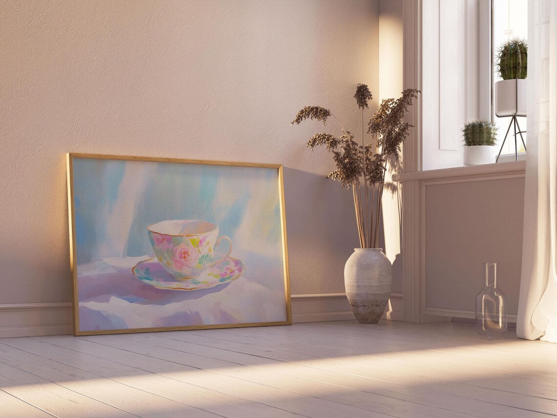 Pastel Floral Teacup on a Saucer in Soft Dreamy Light Painting Poster - Image 5