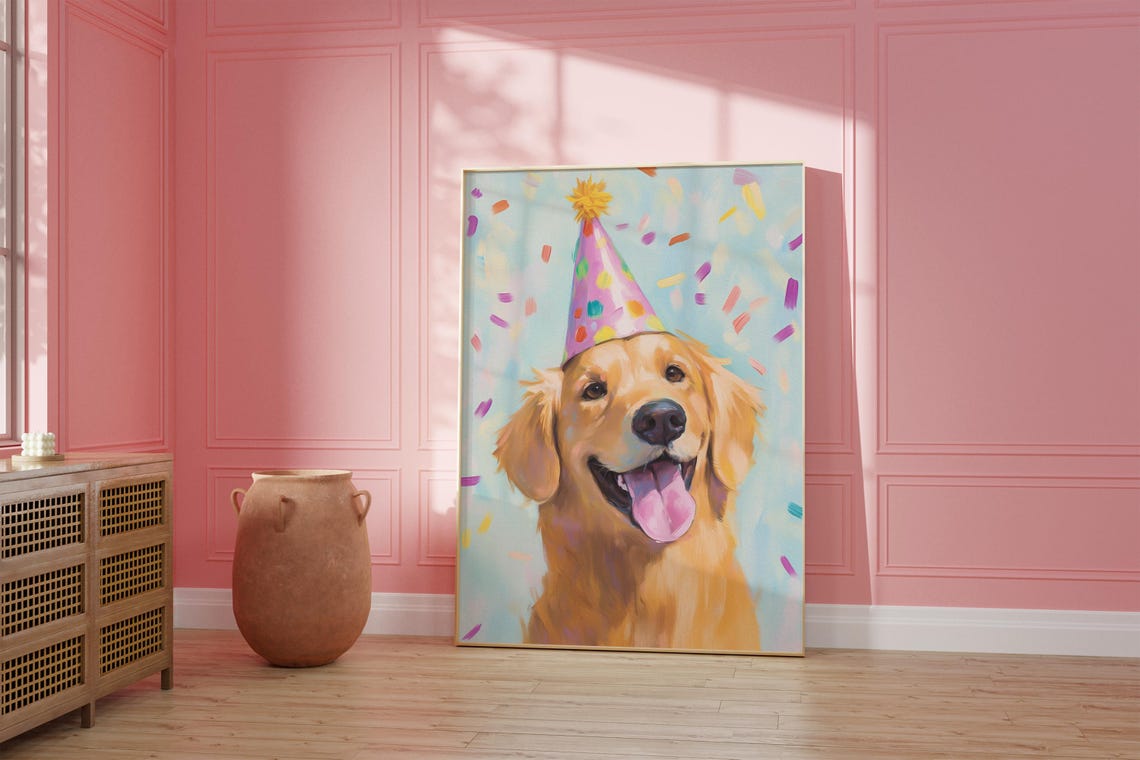 Golden Retriever with Party Hat Confetti Kids Room Dog Art Poster - Image 4