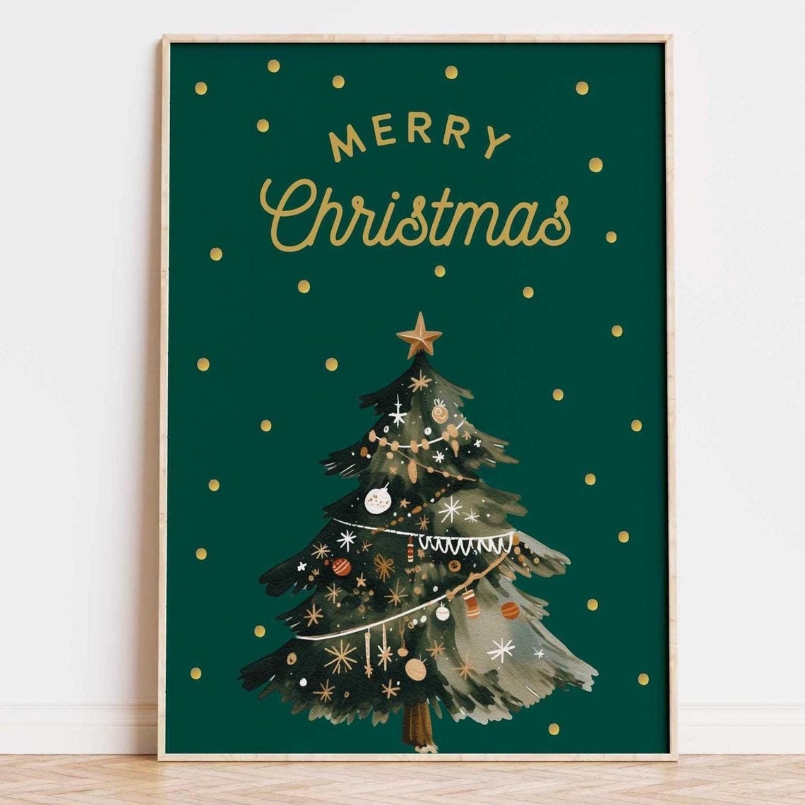Festive Gold Merry Christmas Script Green Watercolor Tree Poster