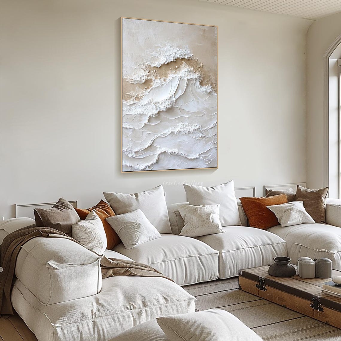 Minimalist White Textured Ocean Wave Abstract Impasto Wall Art - Image 2