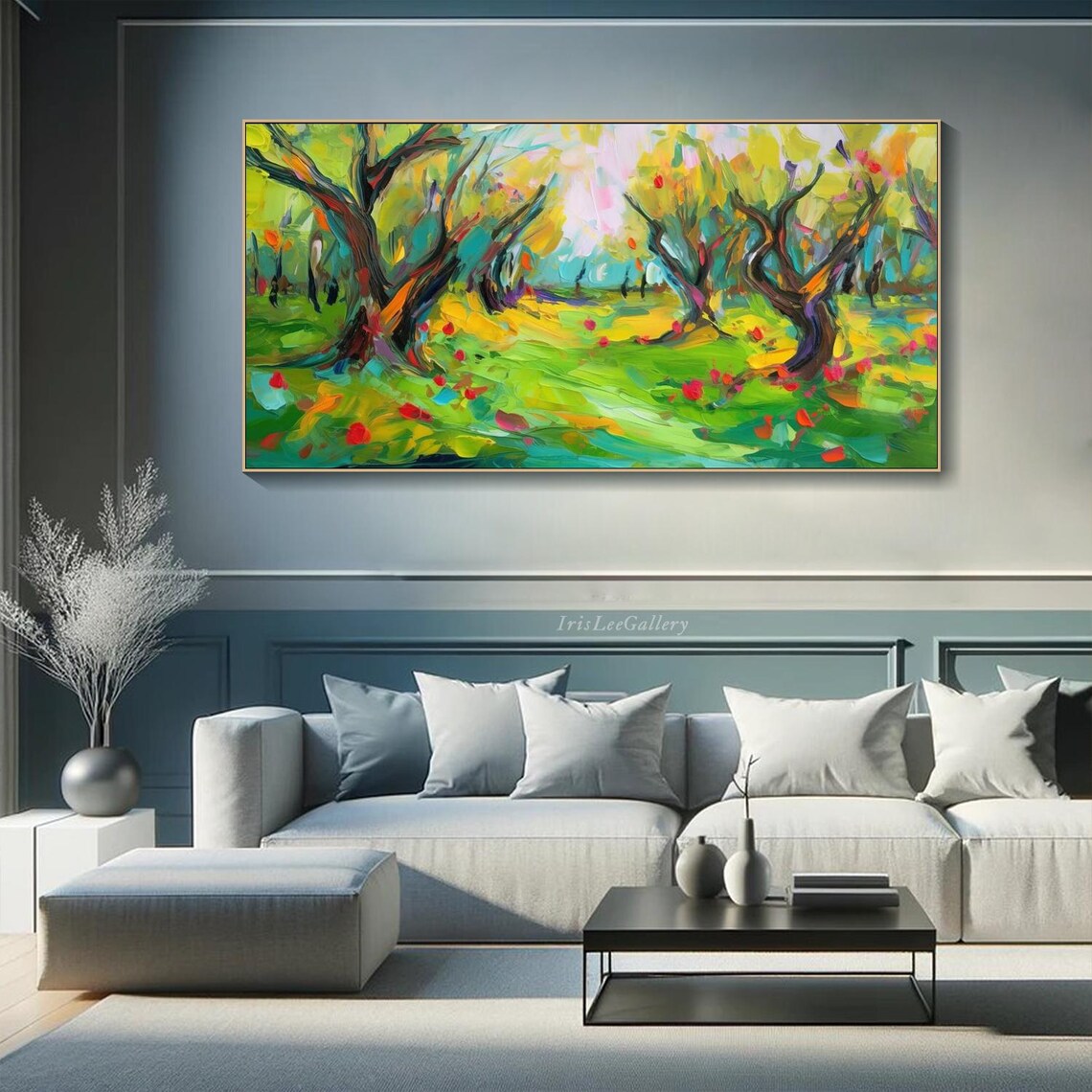 Colorful Forest Painting On Abstract Nature Texture Wall Art Vibrant Trees Art Modern River Art Large Modern Wall Art Living Room Art - Image 3