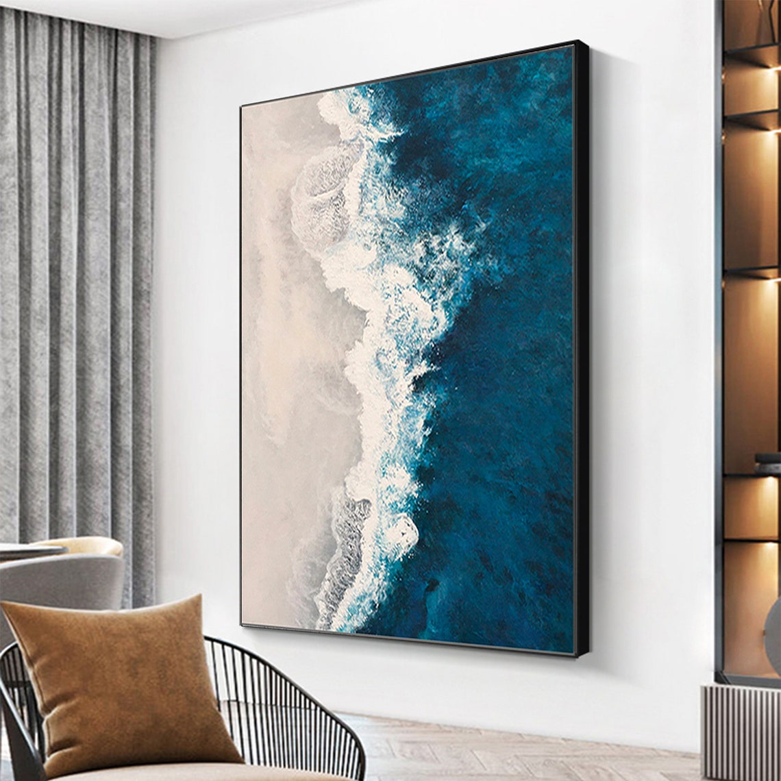 Aerial Ocean Wave Foam Deep Teal Blue Abstract Beach Wall Art - Image 2