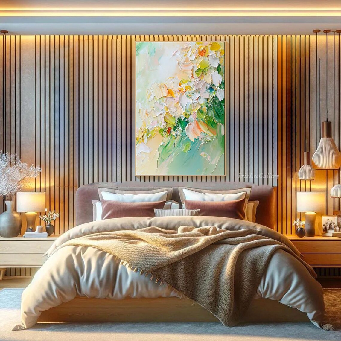 Pastel Spring Bloom Green Yellow Abstract Floral Painting Wall Art - Image 4
