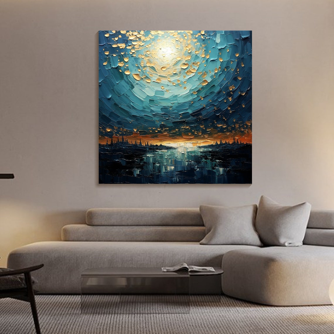 Blue Gold Sunset Ocean Swirl Impasto Dramatic Seascape Gold Poster - Image 2