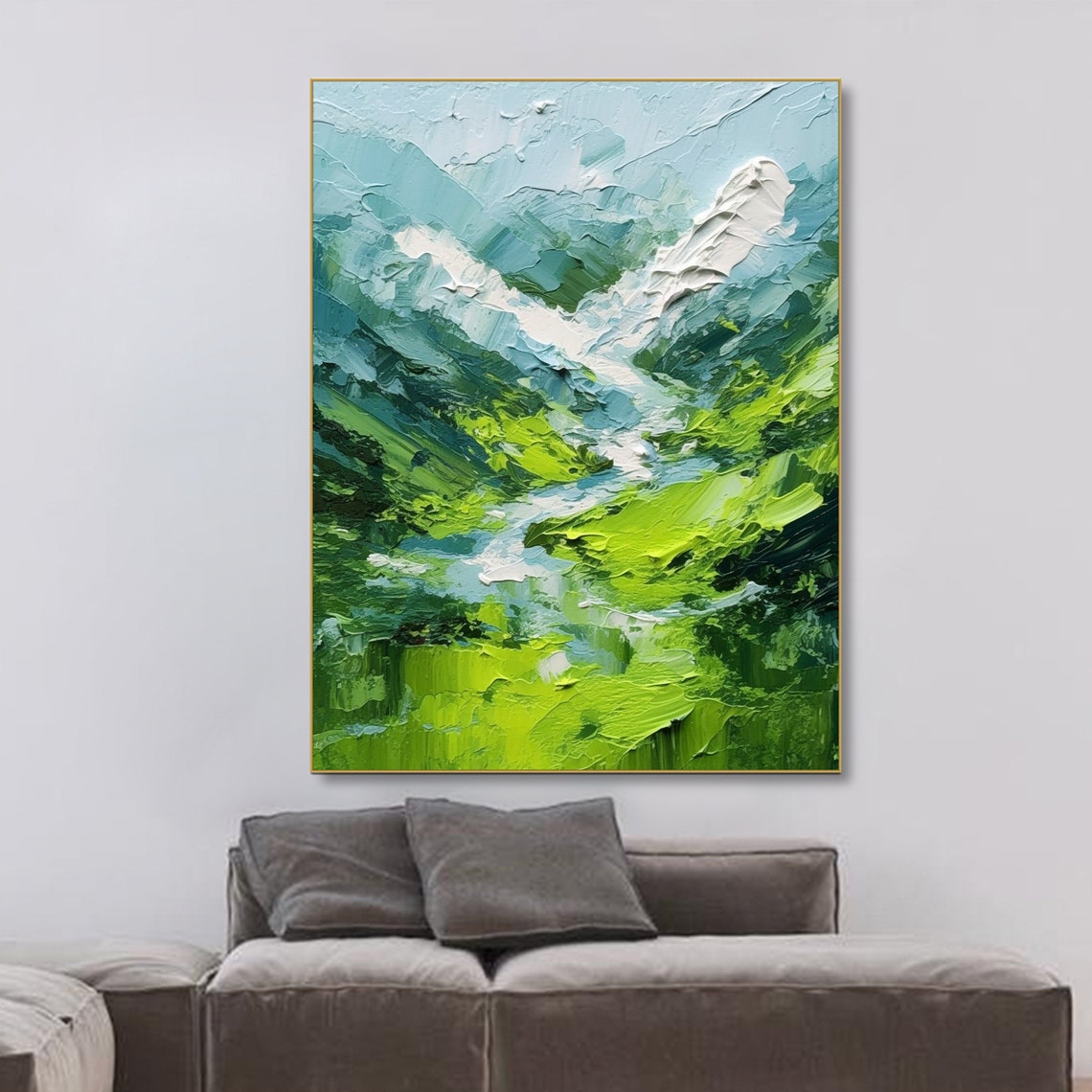Original 3d Green Mountain River Painting On Textured Wall Art Custom Art Green River Painting Spring Living Room Wall Art - Image 2