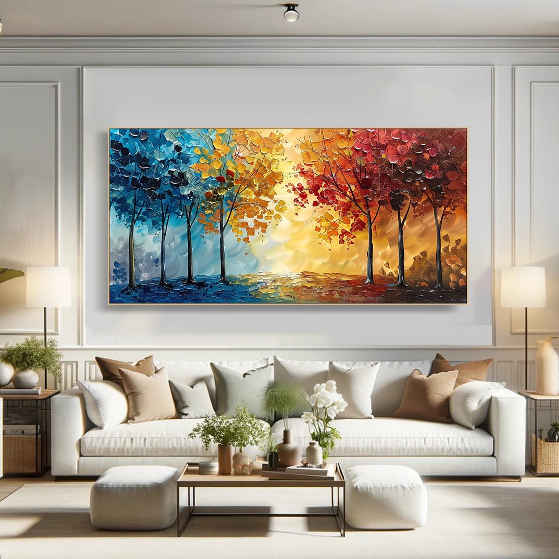 Colorful Rainbow Trees Blue Yellow Red Impasto Autumn Art Poster - Image 2