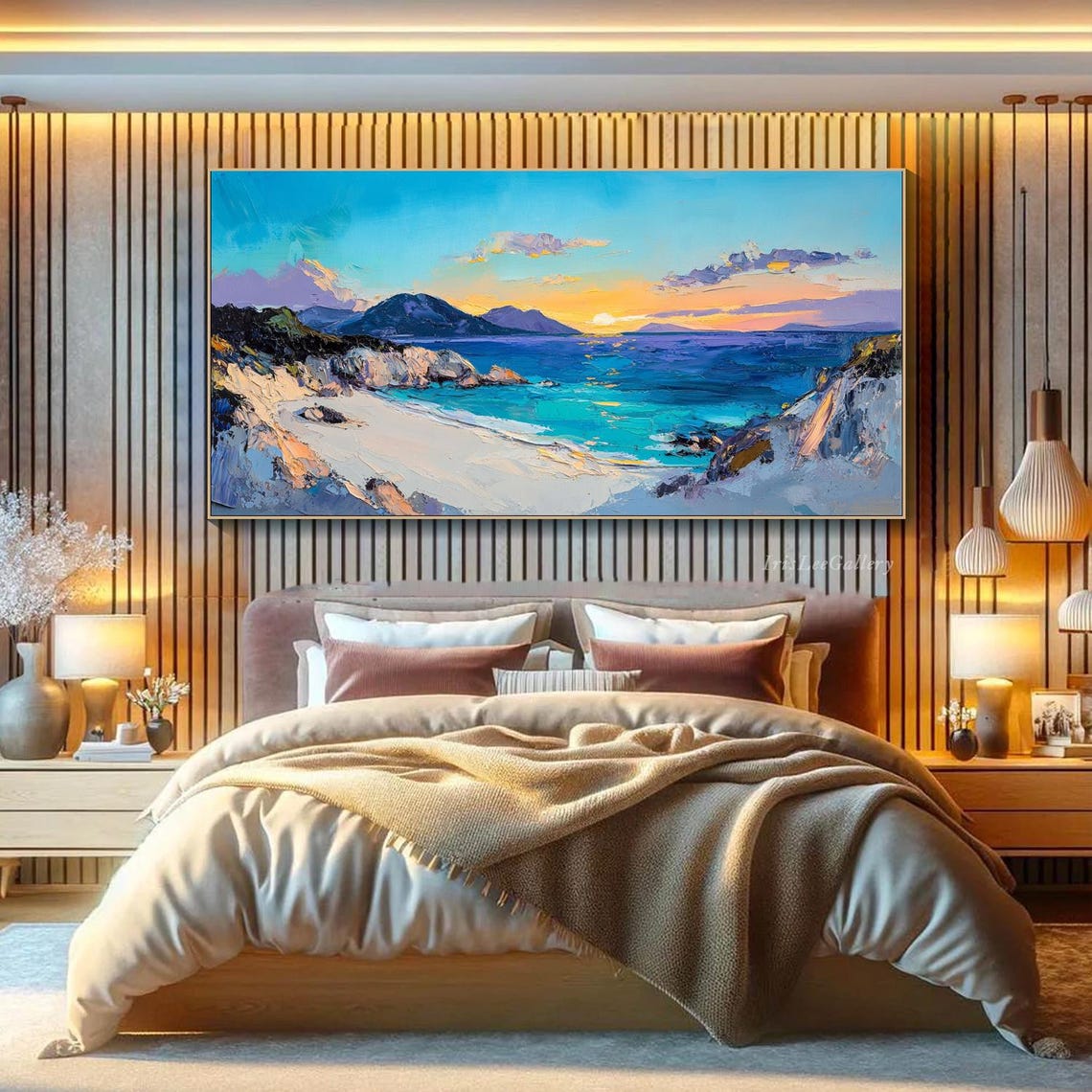 Sunset Seaside Cove Turquoise Ocean Beach Oil Painting Wall Art - Image 3