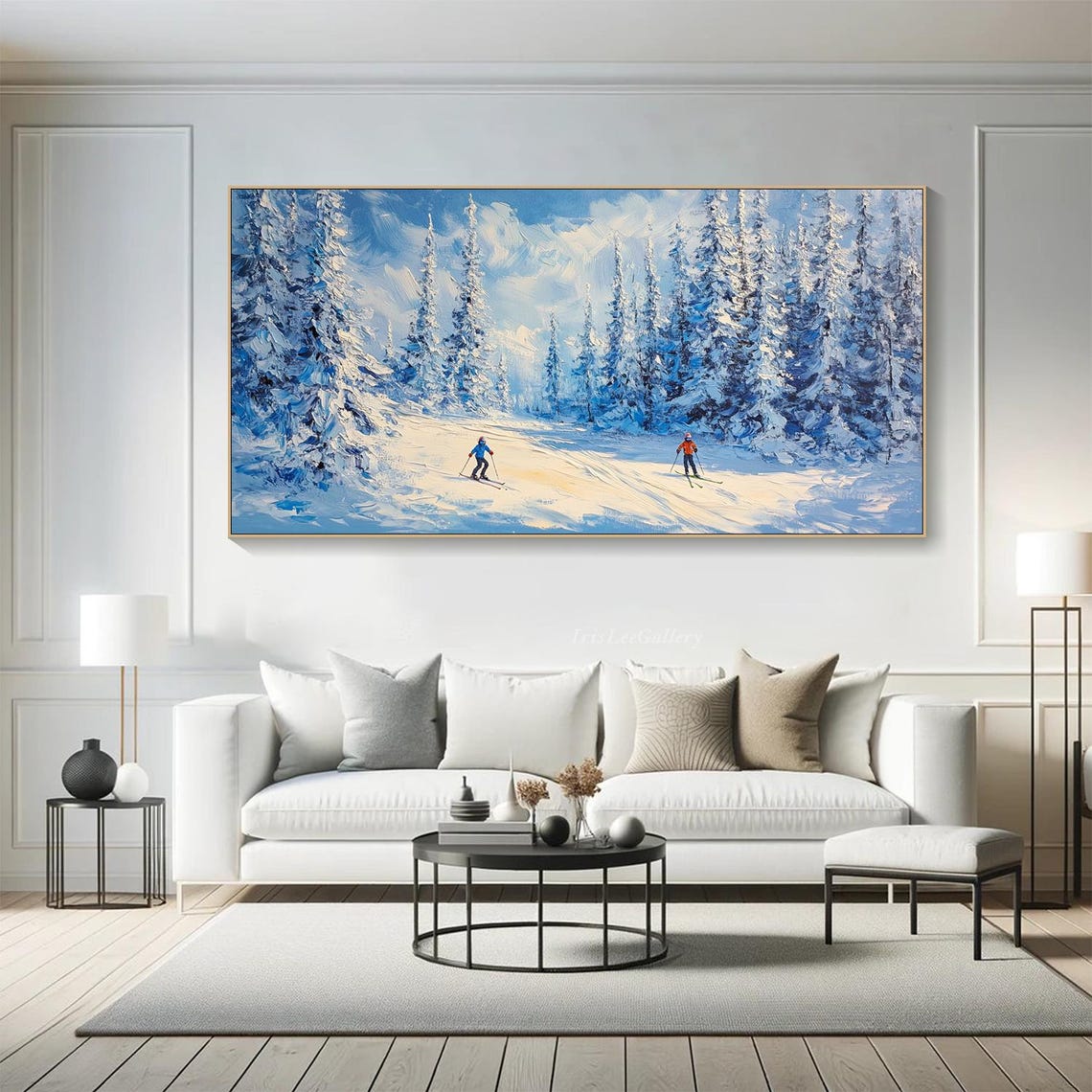 Skiers Gliding Through Snowy Pine Forest Winter Wonderland Art Poster - Image 3