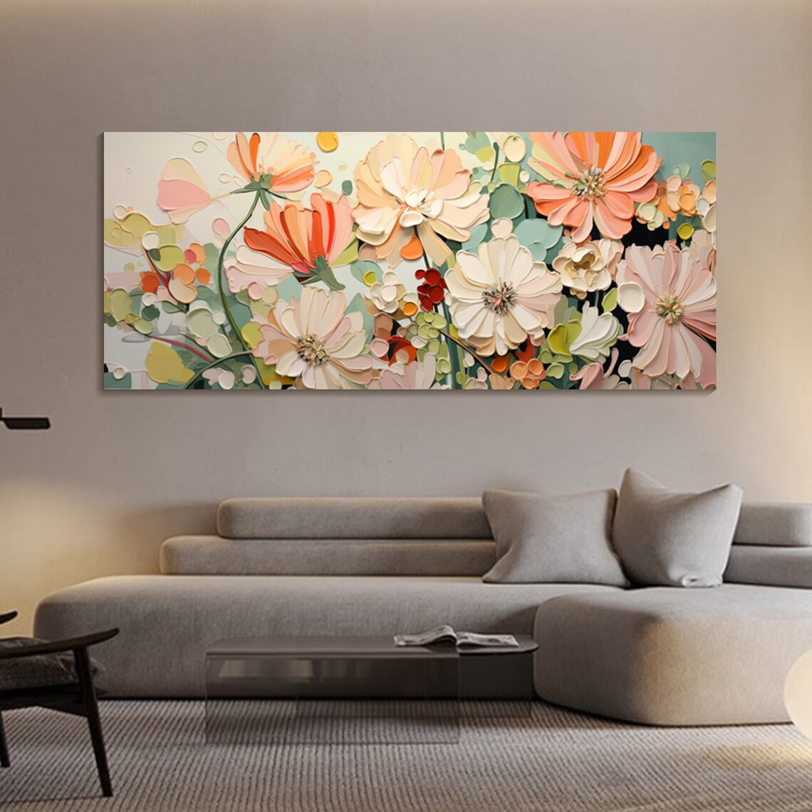 Pink Peach 3D Cosmos Flowers Modern Textured Floral Bedroom Wall Art - Image 3