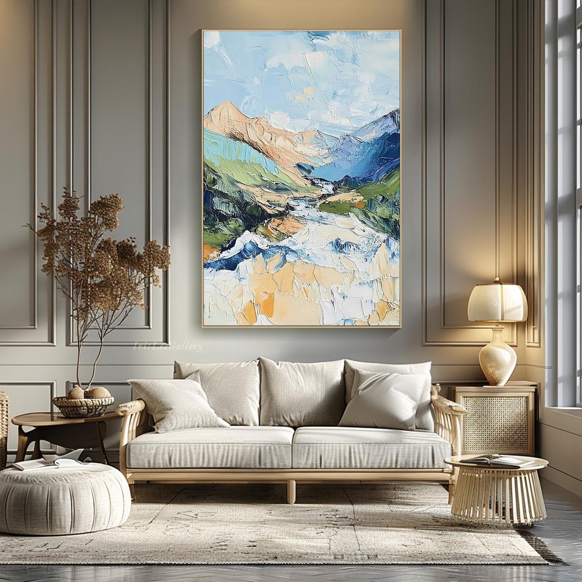Blue Mountain Valley River Impressionist Impasto Painting Wall Art - Image 4