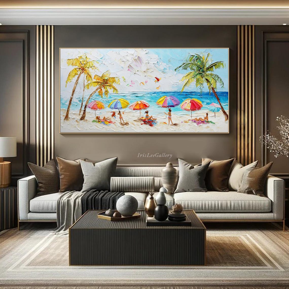 Happy Beach Crowd Palm Trees Colorful Umbrellas Summer Coast Wall Art - Image 4