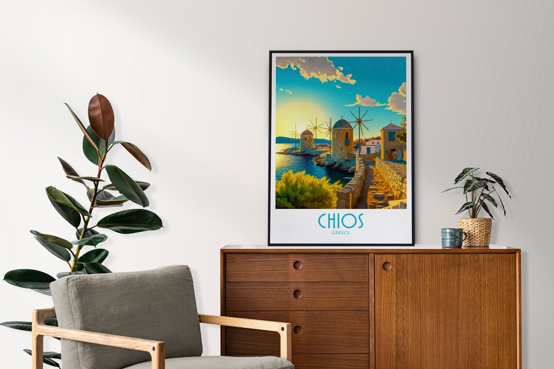 Chios Greece Stone Causeway Windmills Sunrise Vintage Travel Poster - Image 4