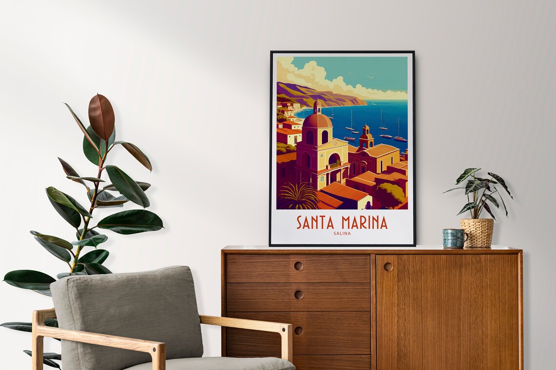 Santa Marina Salina Church Dome Bay Scene Retro Travel Art Poster - Image 3